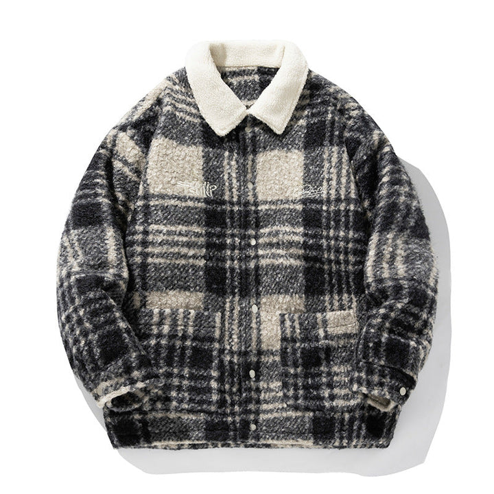 Unisex Mysig Teddy Fleece Skjortjacka i Check Design med Tryckknapp Knapp Knäppning och Patch Fickor