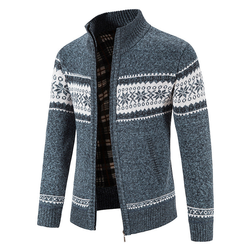 Herr Norwegian Knit Zip Jacka med Stående Krage, Warming Fleecefoder, och Dragkedja
