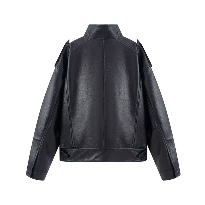 Dam Kort Jacka i Läderlook med Stå Krage, Dropped Shoulder Section och Dekorativ Shoulder Epaulettes