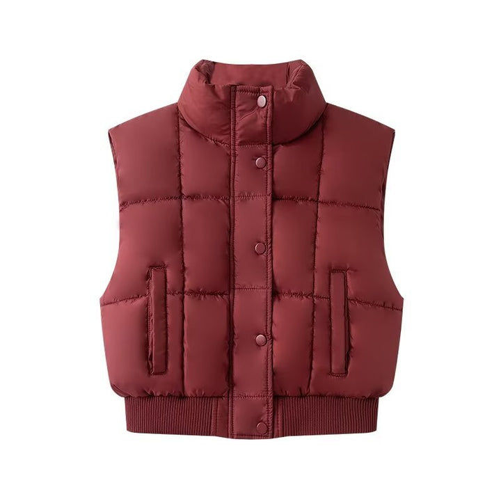 Dam Quiltad Kort Puffer Väst med Ståkrage och Ribbad Fåll