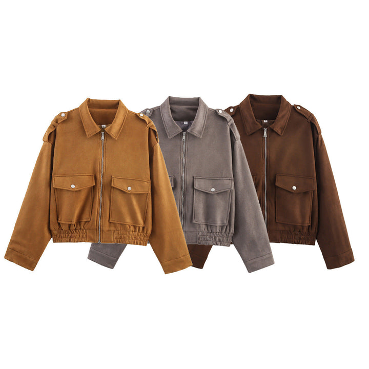 Dam 90+ Kort Suede-Look Blouson Jacka med Lock Fickor, Dragkedja och Epaulettes