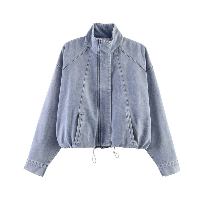 Dam Oversize Jeans Bomberjacka med Stå Krage och Drawstring