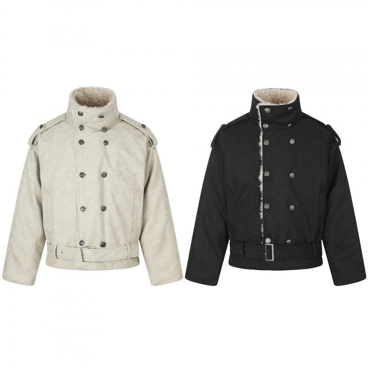 Herr kort skärning double-breasted aviator jacka med teddyfoder, ståkrage och midja belt