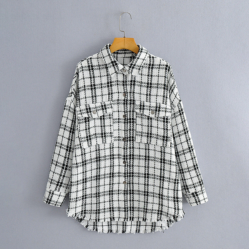 Dam oversize tweed skjortjacka med bröstfickor och Frayed fåll