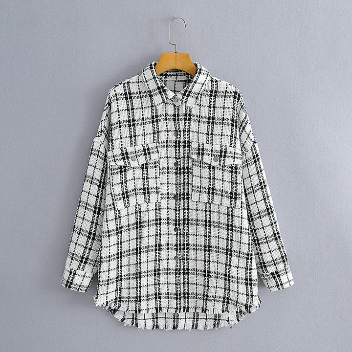 Dam oversize tweed skjortjacka med bröstfickor och Frayed fåll