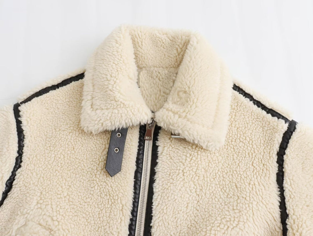Dam oversize teddy jacka in Aviator stil med konstläder Piping, Stand krage och dragkedja