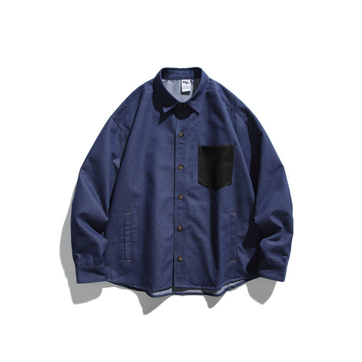 Unisex Oversized Skjorta Jacka Gjord av Durable Bomullsblandning med Contrasting Konstläder Bröstficka