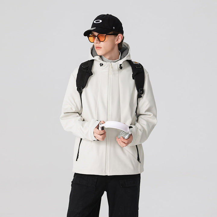 Herr Minimalistisk Softshell Regn Jacka med Dold Dragkedja, Integrerad Huva, och Andningsbar Mesh Foder