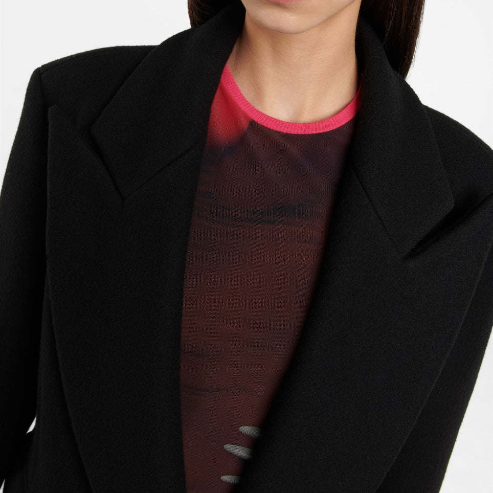 Dam Floor-Length lång modell Single-Breasted ullblandning kappa med Distinctive Shoulder design