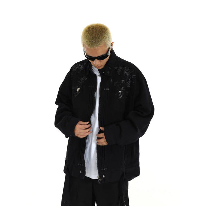 Herr Oversized Utilityjacka med Embroidery, Ståkrage, Dragkedja och Long Straps