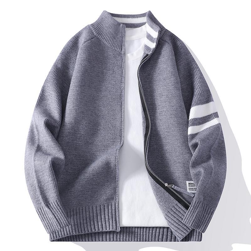 Herr Stickad Dragkedja Cardigan i College Stil med Randig Ärm Band och Ribbad Ståkrage
