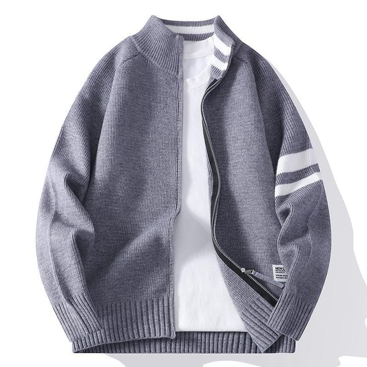 Herr Stickad Dragkedja Cardigan i College Stil med Randig Ärm Band och Ribbad Ståkrage