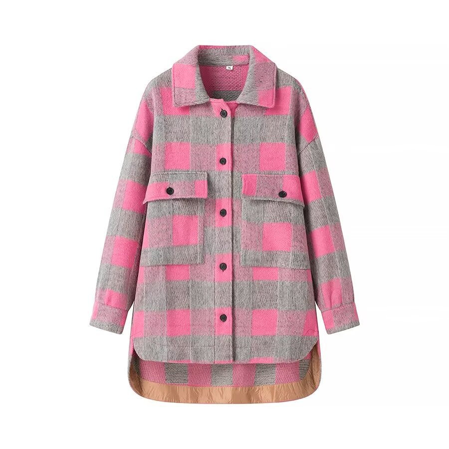 Dam oversized rutig shirt jacka i shacket stil med påsydda fickor och elongated round fåll