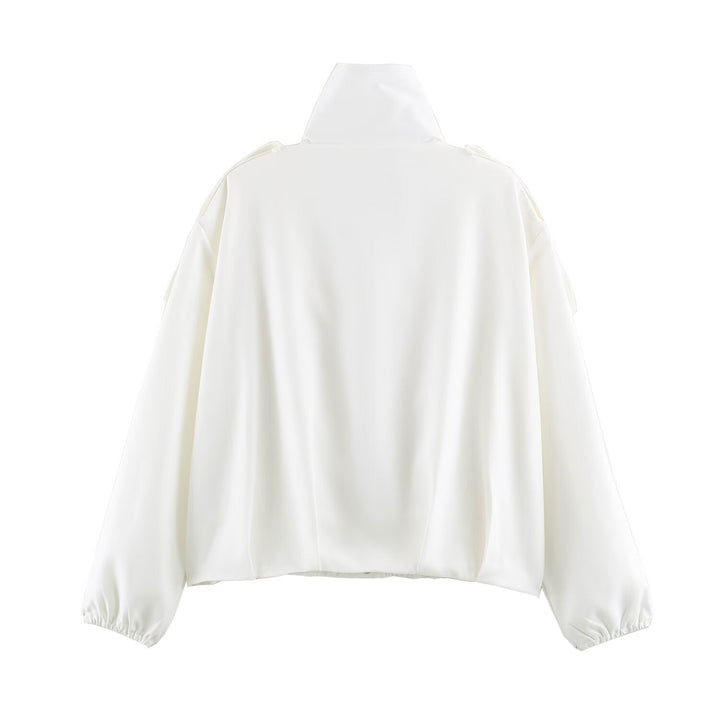 Dam Kort Blouson Jacka med Hög Stå Krage och Shoulder Patches
