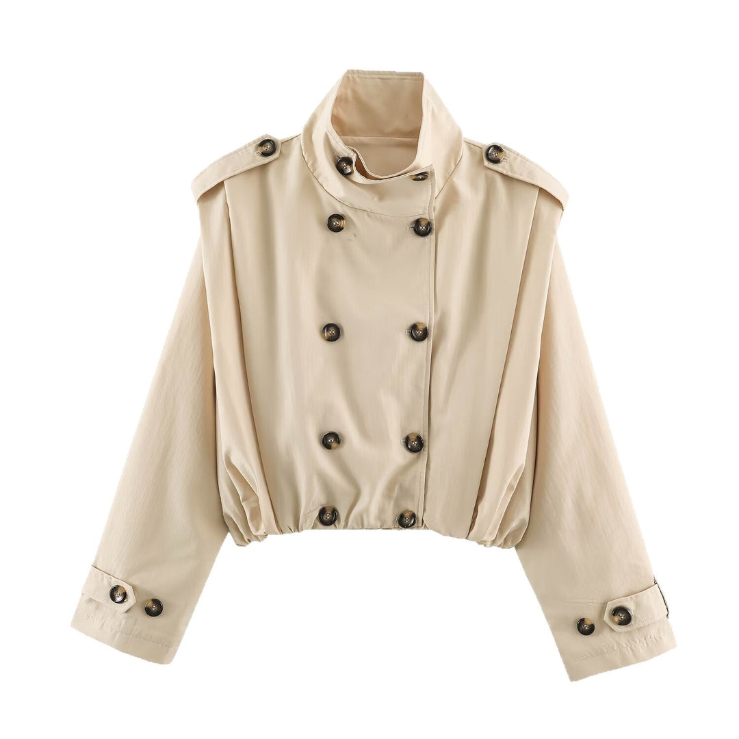 Dam Kort Trench Jacka i Blouson Stil med Stå Krage och Double-Breasted Knapp Knäppning