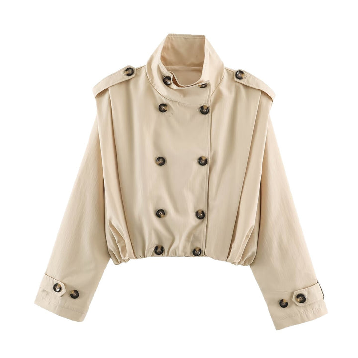 Dam Kort Trench Jacka i Blouson Stil med Stå Krage och Double-Breasted Knapp Knäppning