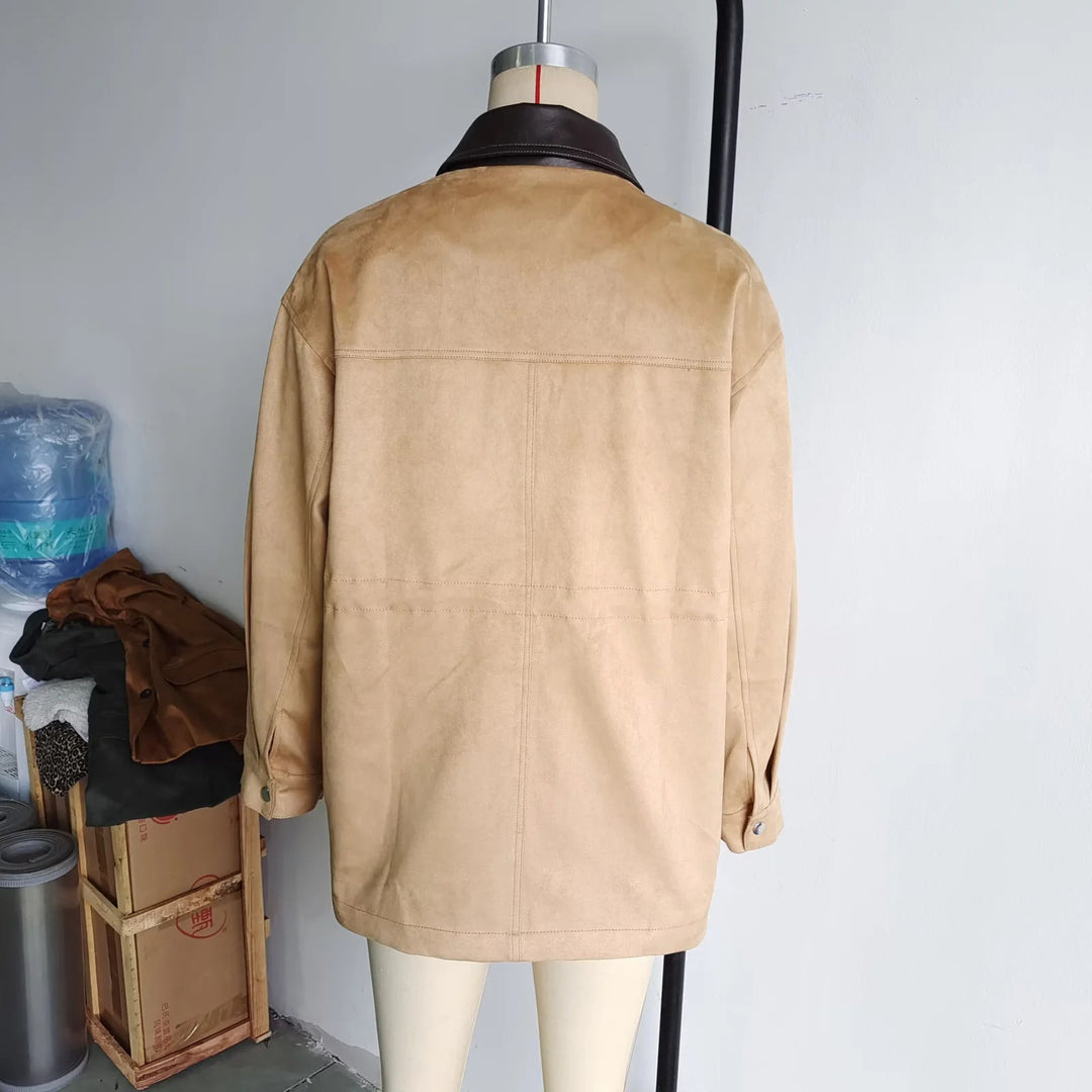 Dam oversized field jacka med kontrasterande läder krage, concealed dragkedja, och stor patch flap fickor