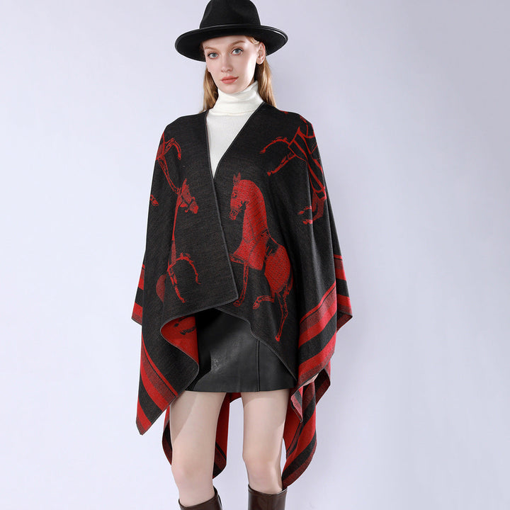 Dam Jacquard Poncho Wrap med Horse Motif och Boxig Kimono Silhuett