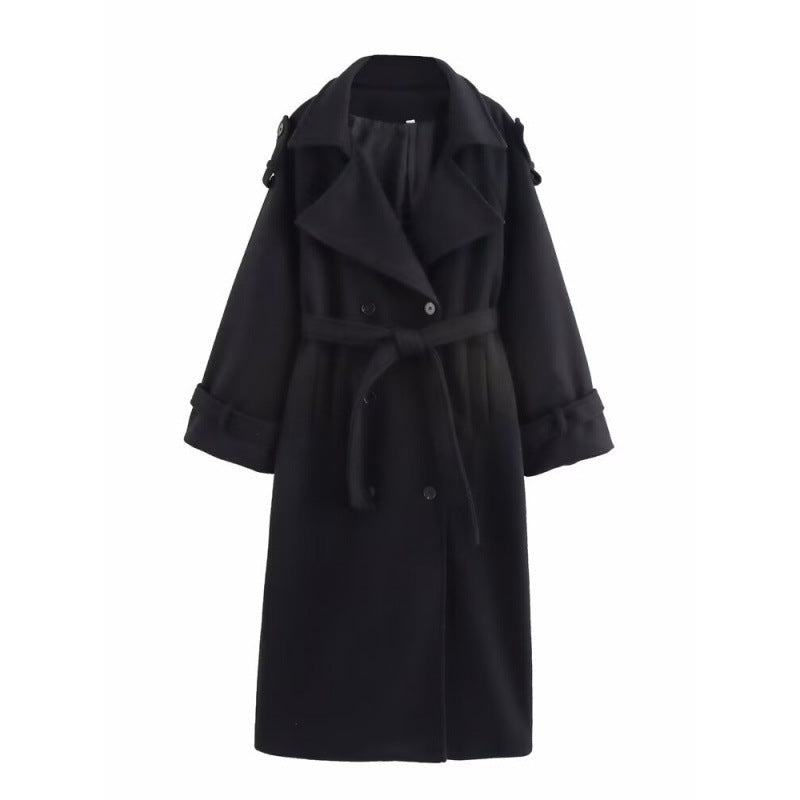 Dam Lång Dubbel-Breasted Ullblandning Trenchcoat med Bälte och Breda Slag