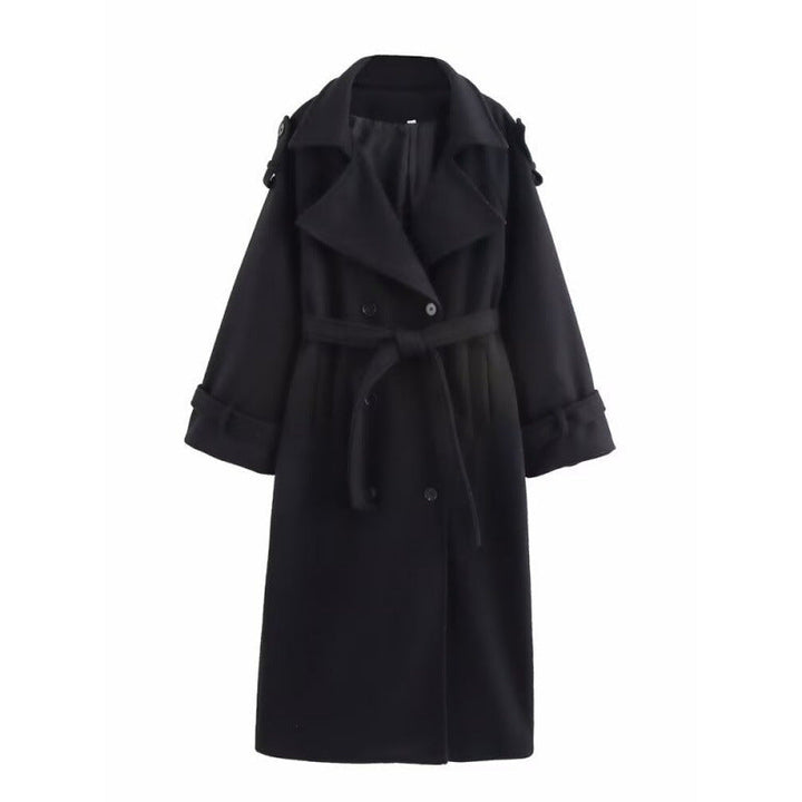 Dam Lång Dubbel-Breasted Ullblandning Trenchcoat med Bälte och Breda Slag