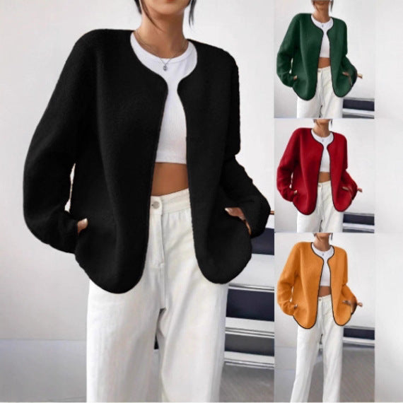 Dam kort jacka Teddy fleece kofta utan Closure med rund hals