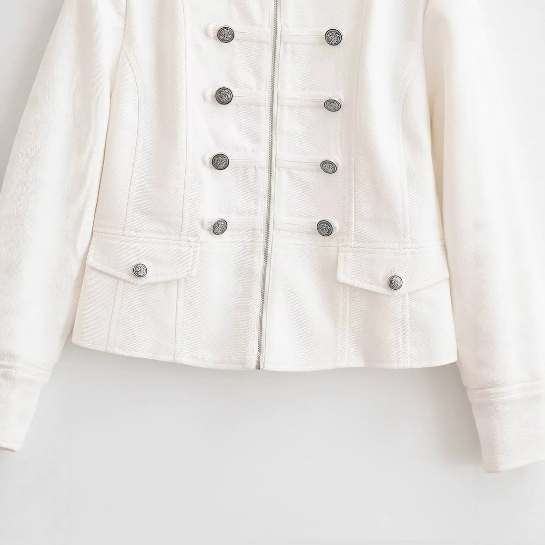 Dam Kort Uniform Jacka med Stå Krage, Dekorativ Straps och Metal Knapp Detail