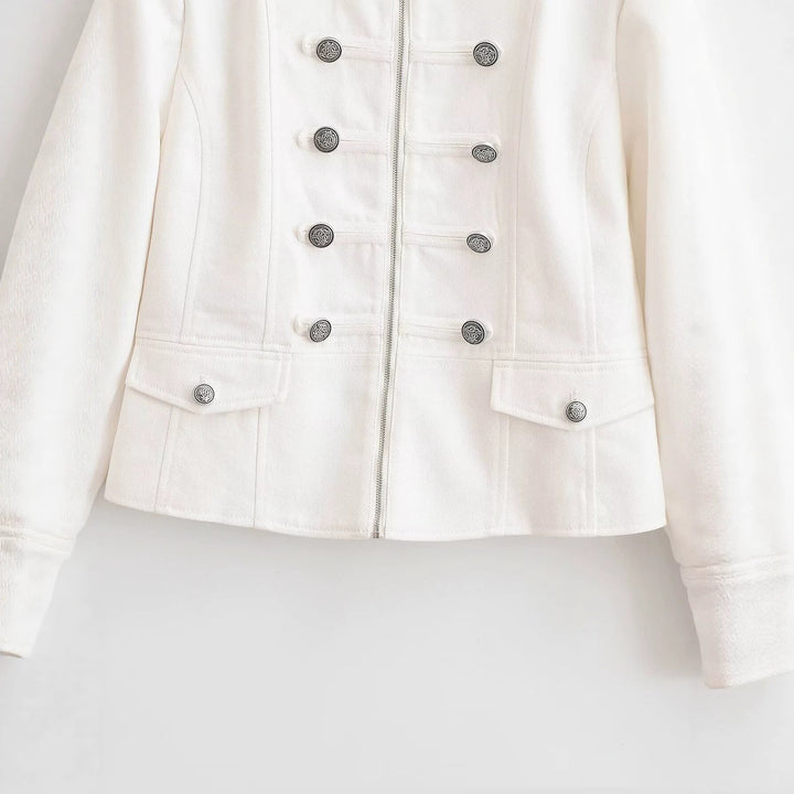 Dam Kort Uniform Jacka med Stå Krage, Dekorativ Straps och Metal Knapp Detail