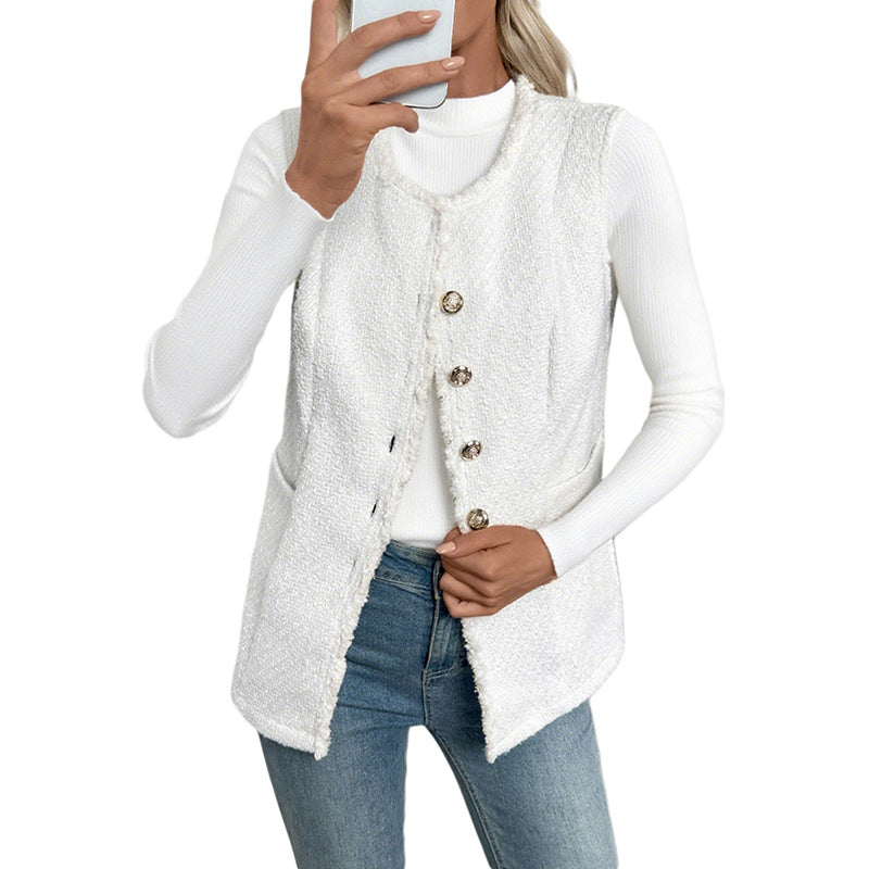 Dam Boucle Väst med Decorative Knappar, Fringe Kant och Fickor