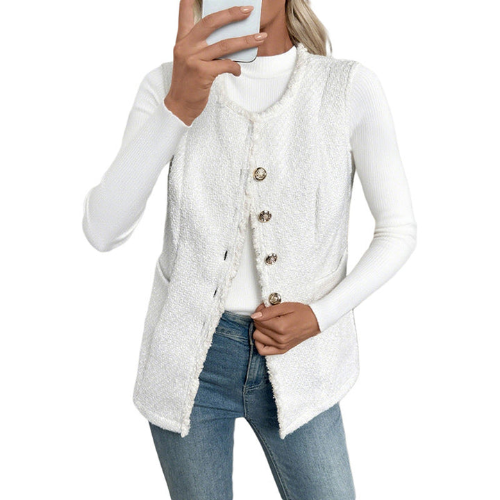 Dam Boucle Väst med Decorative Knappar, Fringe Kant och Fickor