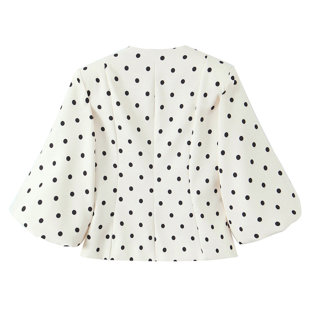 Dam skräddad Polka-Dot Blouse jacka med Volume ärmar och Gold dekorativ knappar