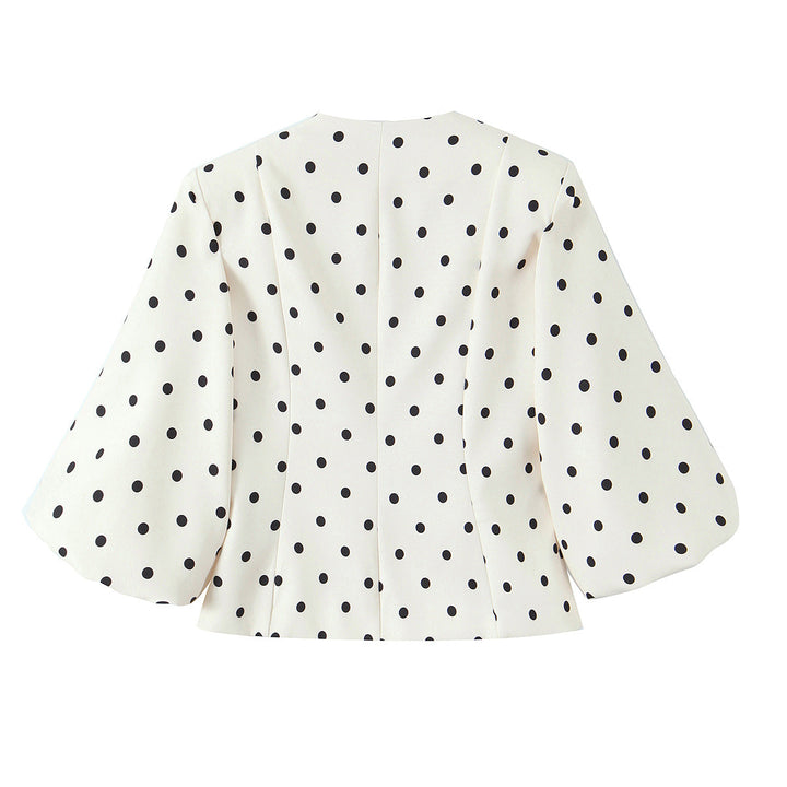 Dam skräddad Polka-Dot Blouse jacka med Volume ärmar och Gold dekorativ knappar