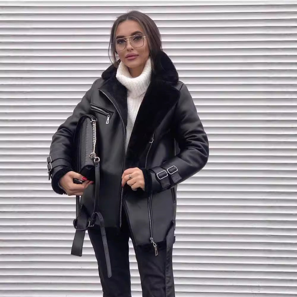 Dam oversize konstläder Pilot jacka med teddy Fur foder och Buckles