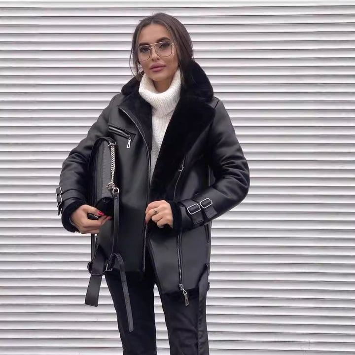 Dam oversize konstläder Pilot jacka med teddy Fur foder och Buckles
