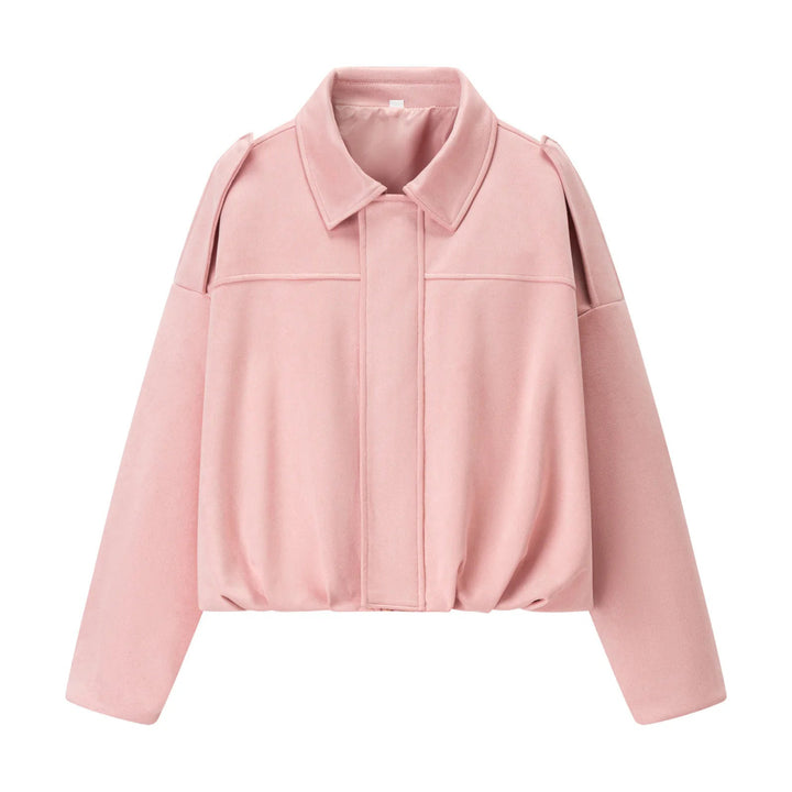 Dam cropped boxy blouse jacka med skjortkrage, concealed front placket, och elastisk fåll