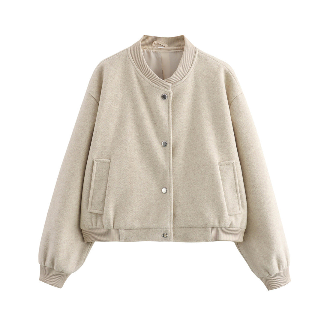 Dam 70+ Kort Ull Blend Blouson Jacka med Dragkedja, Skjort Krage och Lock Fickor