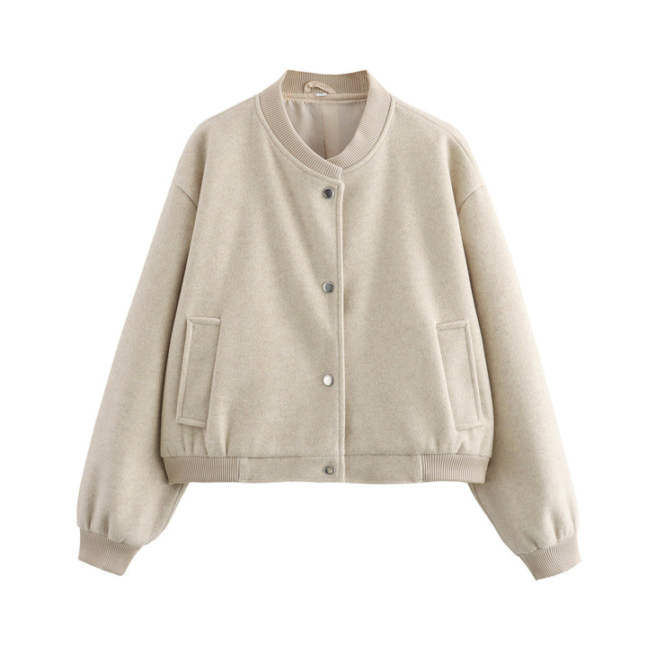 Dam 70+ Kort Ull Blend Blouson Jacka med Dragkedja, Skjort Krage och Lock Fickor