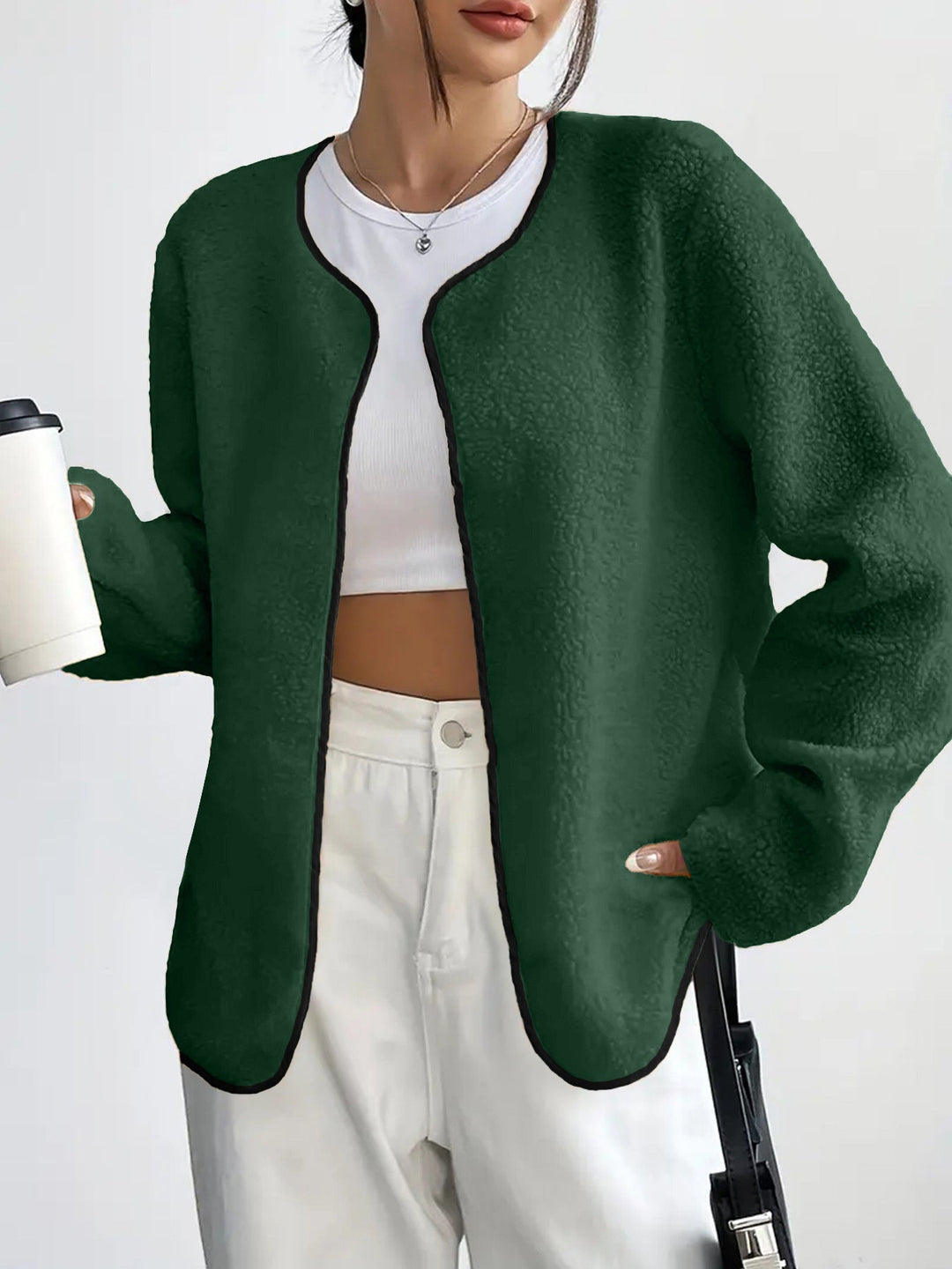 Dam kort jacka Teddy fleece kofta utan Closure med rund hals