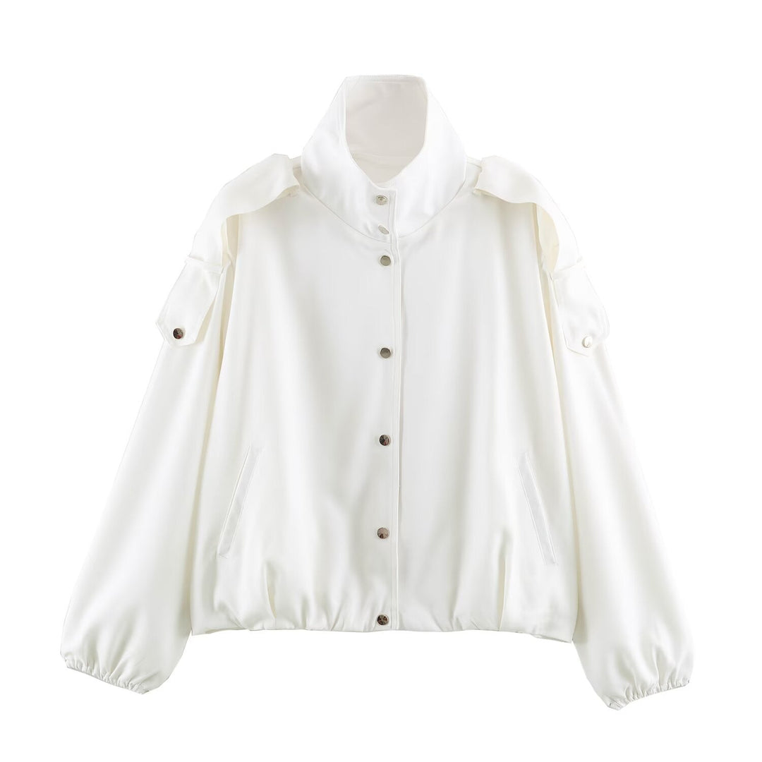 Dam oversize Blouson jacka med Funnel krage, dold tryckknappar, och ärm Patches