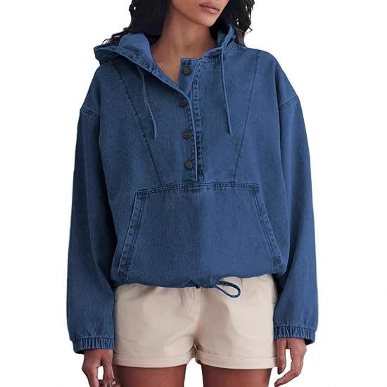 Dam jeans Half jacka med huva, Kangaroo ficka och dragsko