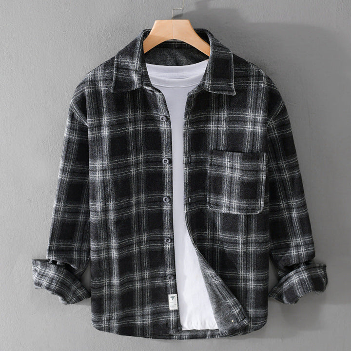 Herr Rutig Flanell Overshirt med Bröstficka och Avslappnad Passform
