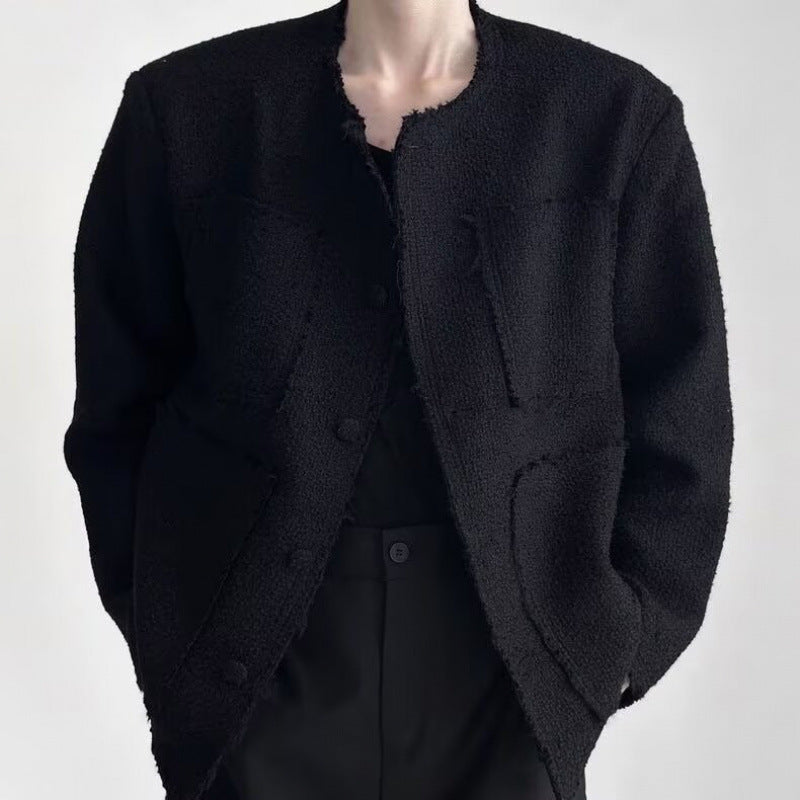 Dam oversize Boucle jacka utan krage med utanpåfickor och Raw Edge detaljer
