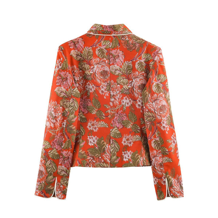 Dam Kort Jacquard Blazer Jacka med Blommig Mönster och Stå Krage