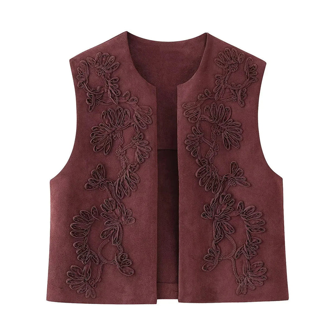 Dam embroidered mocka väst med open skärning, floral appliqué och figurnära silhuett