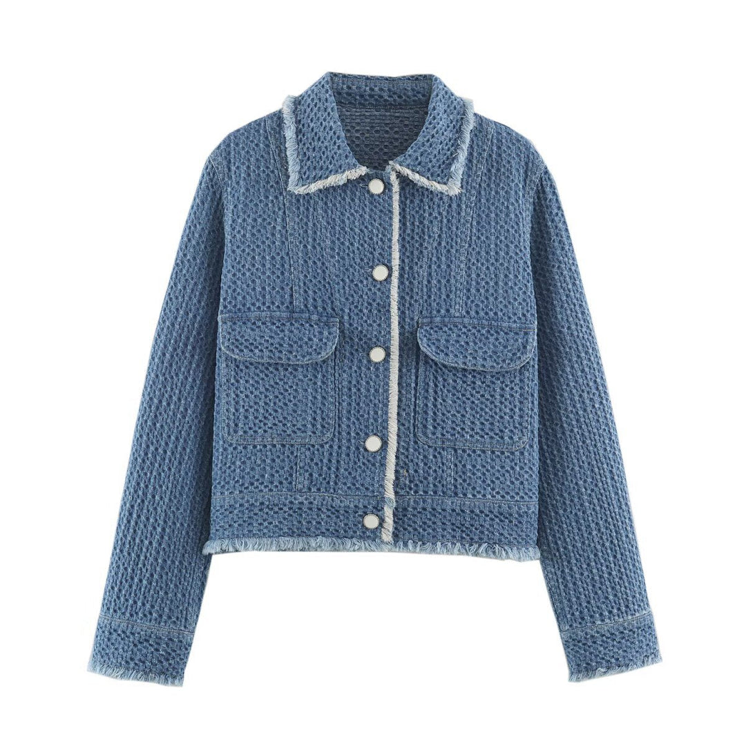 Dam Structured kort jacka gjord Boucle denim med Fringe fåll