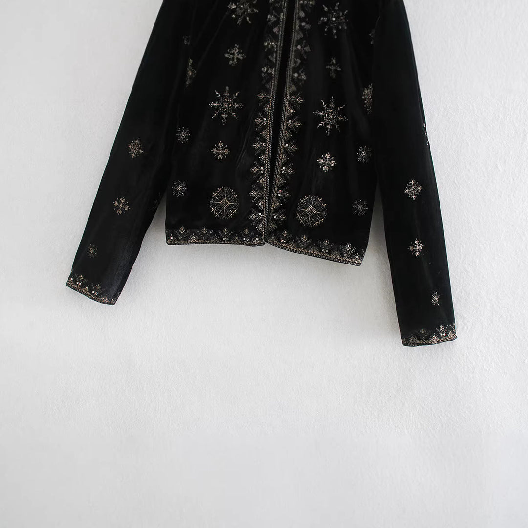 Dam Kort Embroidered Velvet Jacka med Bead och Sequin Decoration