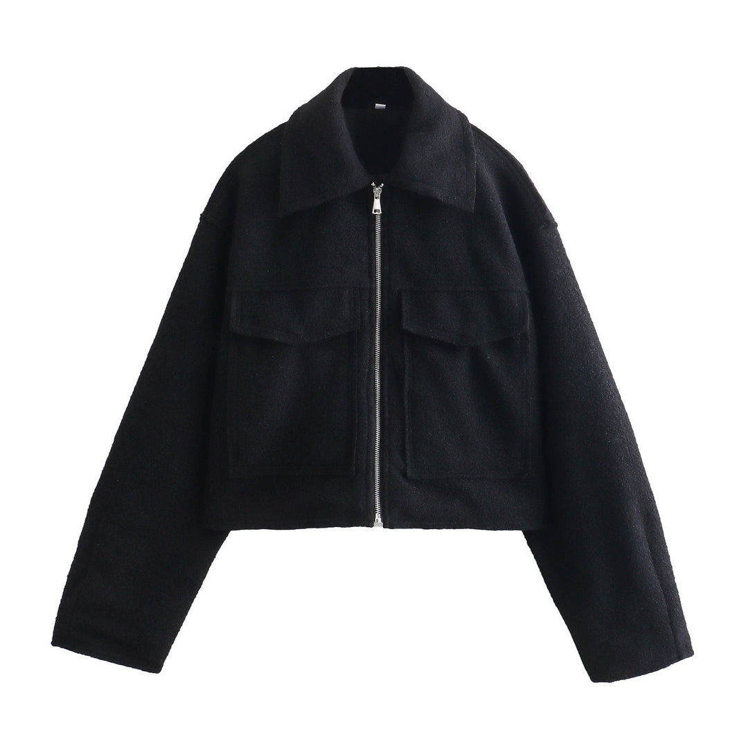 Dam kort Boucle jacka in boxig skärning med Zip och Flap fickor