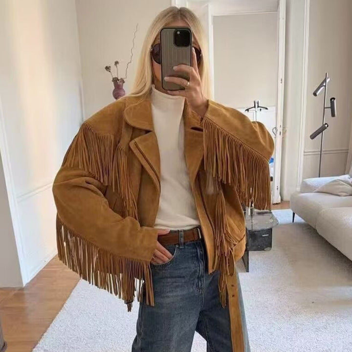 Dam mocka look Fringe jacka med oversize skärning, midjebälte och Statement ärmar