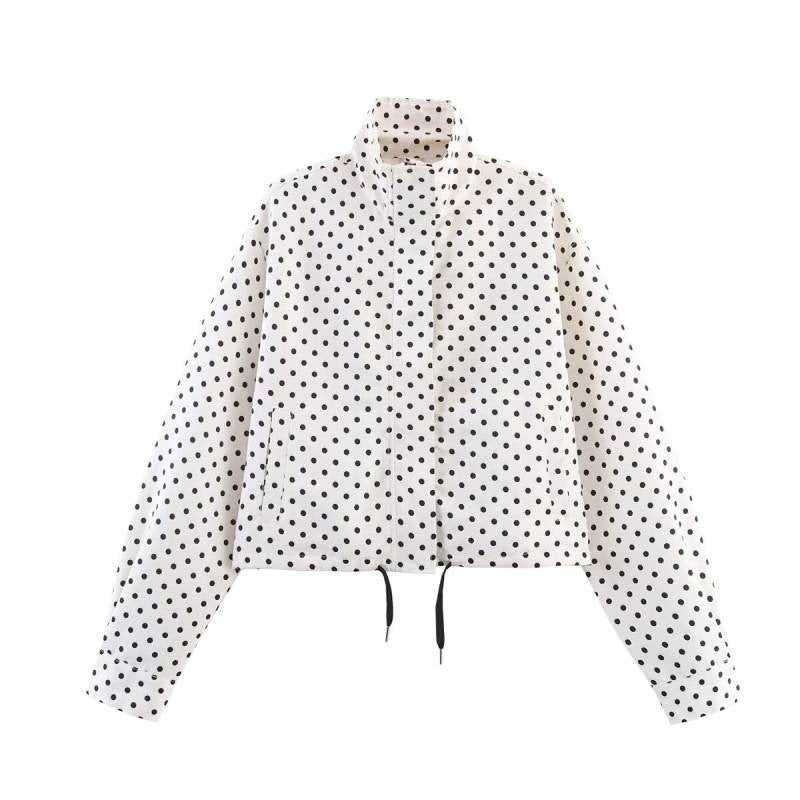 Dam kort kviltad jacka med Polka Dot tryck, Stand krage och dragsko