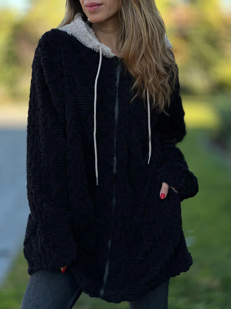 Dam oversized teddy kappa jacka med kontrasterande huva, dragkedja, och sidofickor