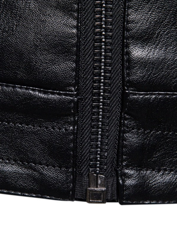 Herr Slim-Fit Biker Jacka i Läder Look med Asymmetrical Dragkedja och Notched Krage